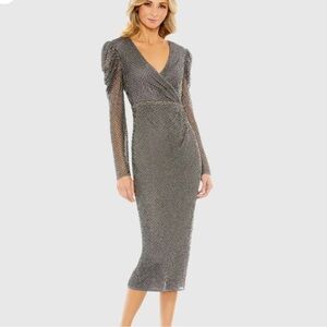 Gray Beaded Wrap Over Puff Sleeve Dress